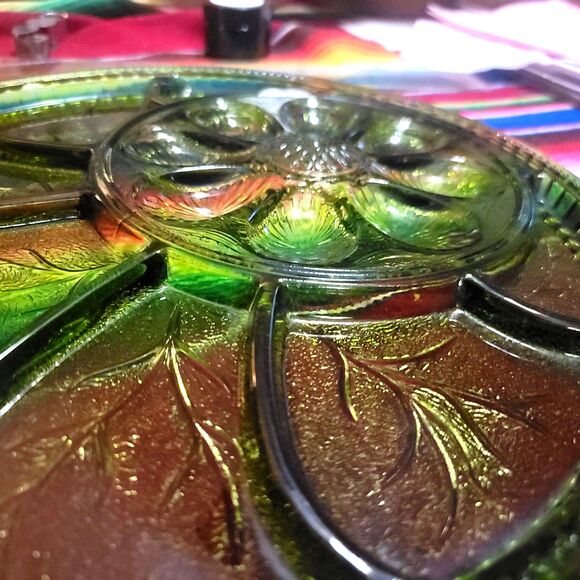 Indiana Green Glass Deviled Egg & Relish Dish‎ Serving Platter 13" Entertaining - Picture 7 of 11